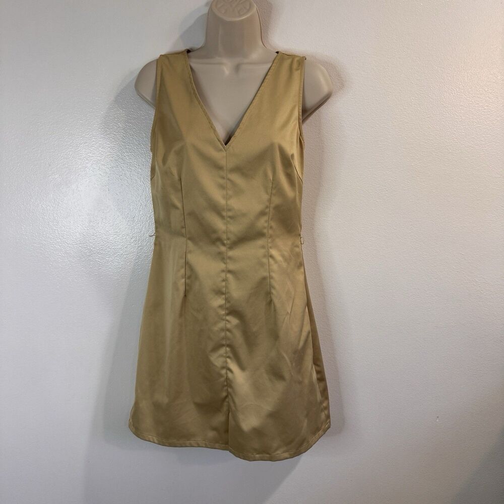 Vintage Y2K Tommy Hilfiger Shirt Dress M Satin Tan Nude V-neck Mini Slit